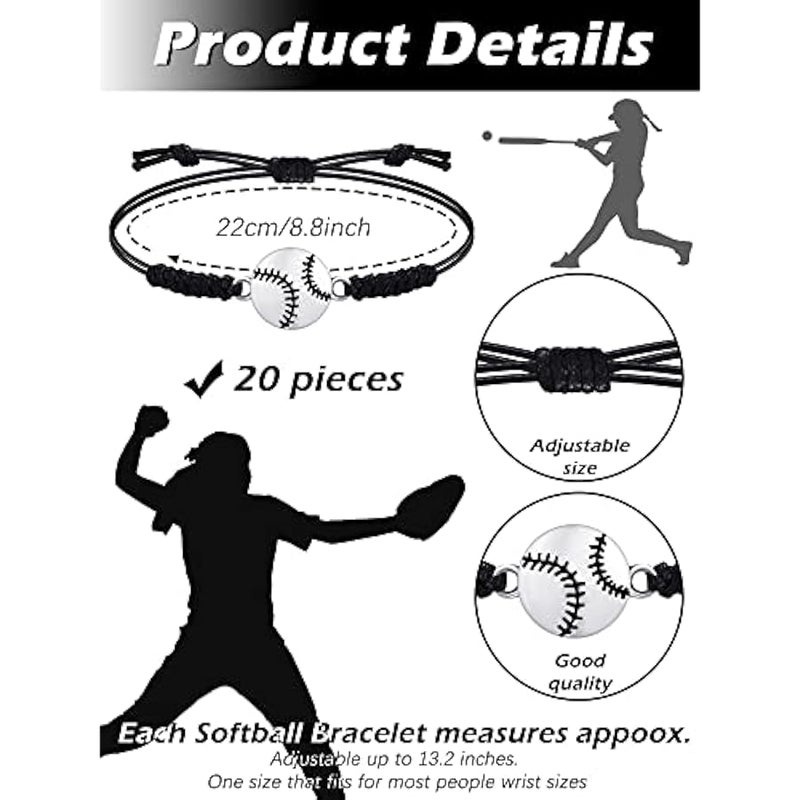 Arabest Jadive 20 Pieces Softball Bracelet Bulk Softball Gifts Softball Charm Bracelet Adjustable Braided Rope Bracelet Gifts for Team Sport Players Adult Woman - Image 2